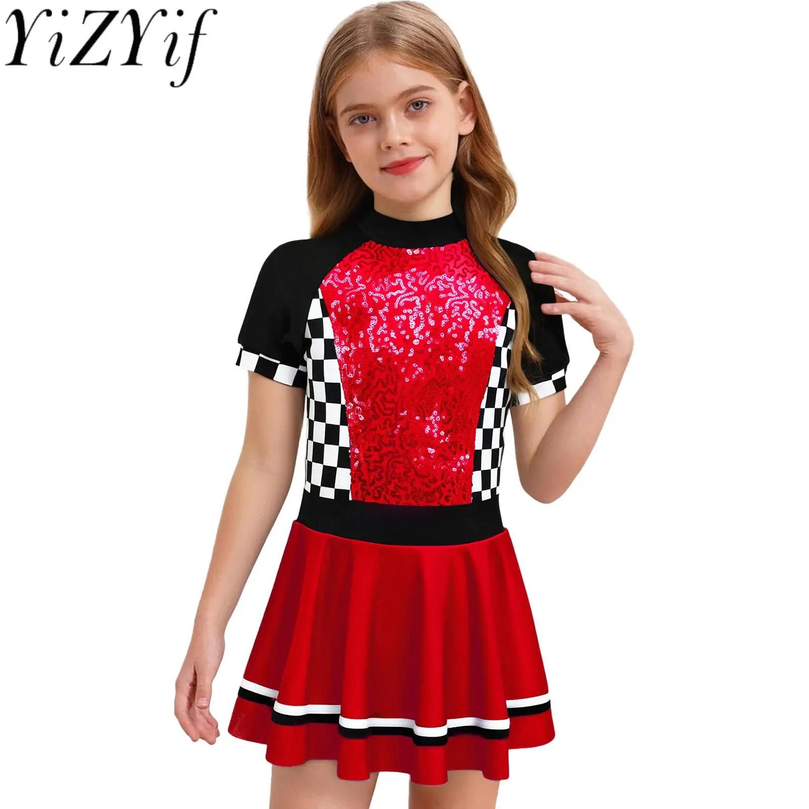 

Racing Driver Driving Cosplay Costume Checkerboard Shiny Sequins Dress with Built-in Briefs for Halloween Theme Party