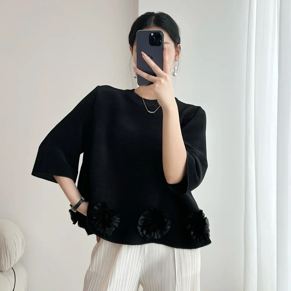 Pleats Pleated T-shirt Commuter Casual 2024 Fall Pleated Top Stereo Flower Solid Color High-end Peplum Round Neck T-Shirt Woman