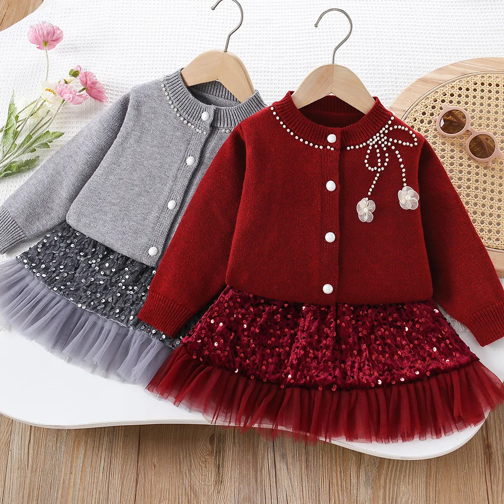 

Girls Dress Clothes Sets Autumn Winter Children Woolen Jersey Sweaters Coats Skirts Kids Princess Suit For Baby Knitted Outfits