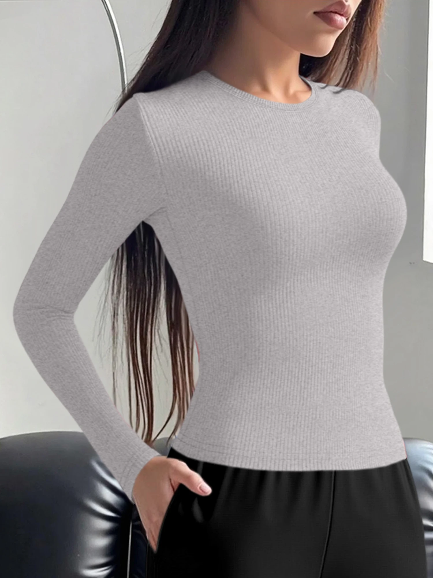 Täglich tragbares Damen-Rippenstrick-Oberteil mit Rundhalsausschnitt und langen Ärmeln, einfarbig, schmal geschnitten, weich, dehnbar, passendes T-Shirt – Detail 8