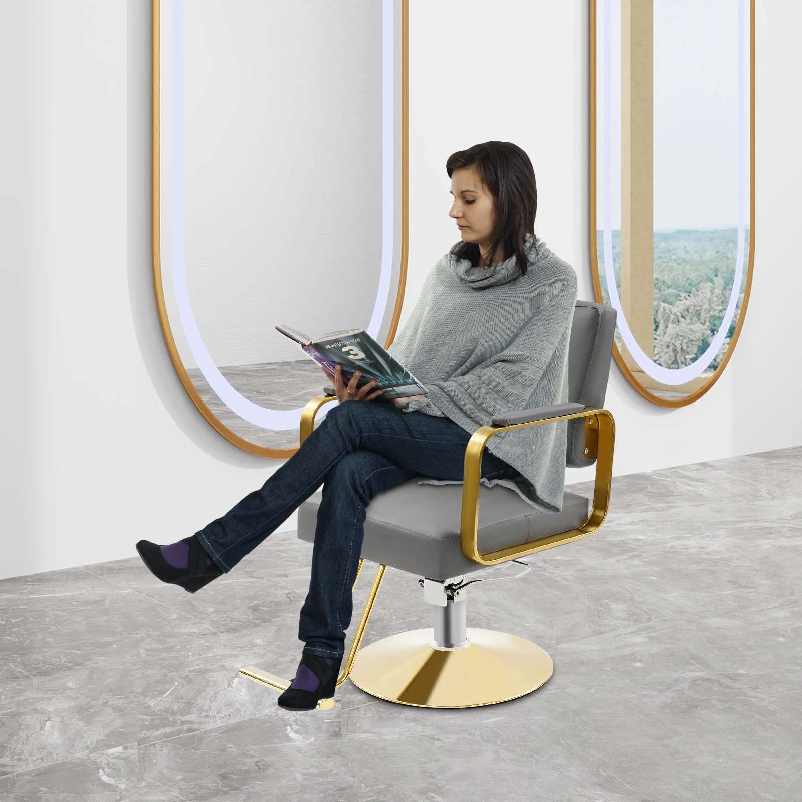 Bymaocar Barber Chair Stylist Chairs 360 Rotation Gold Metal Frame Gray PU Leather Stainless Steel Base PVC Foam Electroplated Durable Anti Rust High Elastic Sponge Seat Backrest Wide Armrest Comfortable Modern Sleek Look for Hair Salon