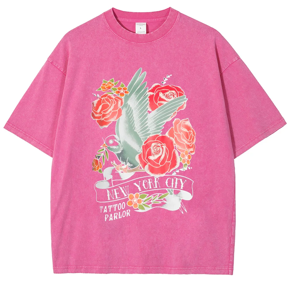 Romantic Rose-Printed Cotton Women's T-Shirt Washed Faux Denim Oversized Half-Sleeved Sweet Elegant Casual Top