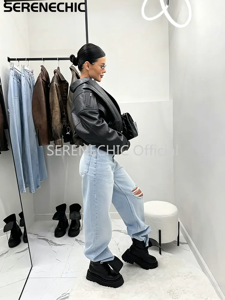 SERENECHIC Textured PU Aviator Coat with Elastic Hem Women's Black Cropped Faux Leather Jacket New Vintage Outerwear Female