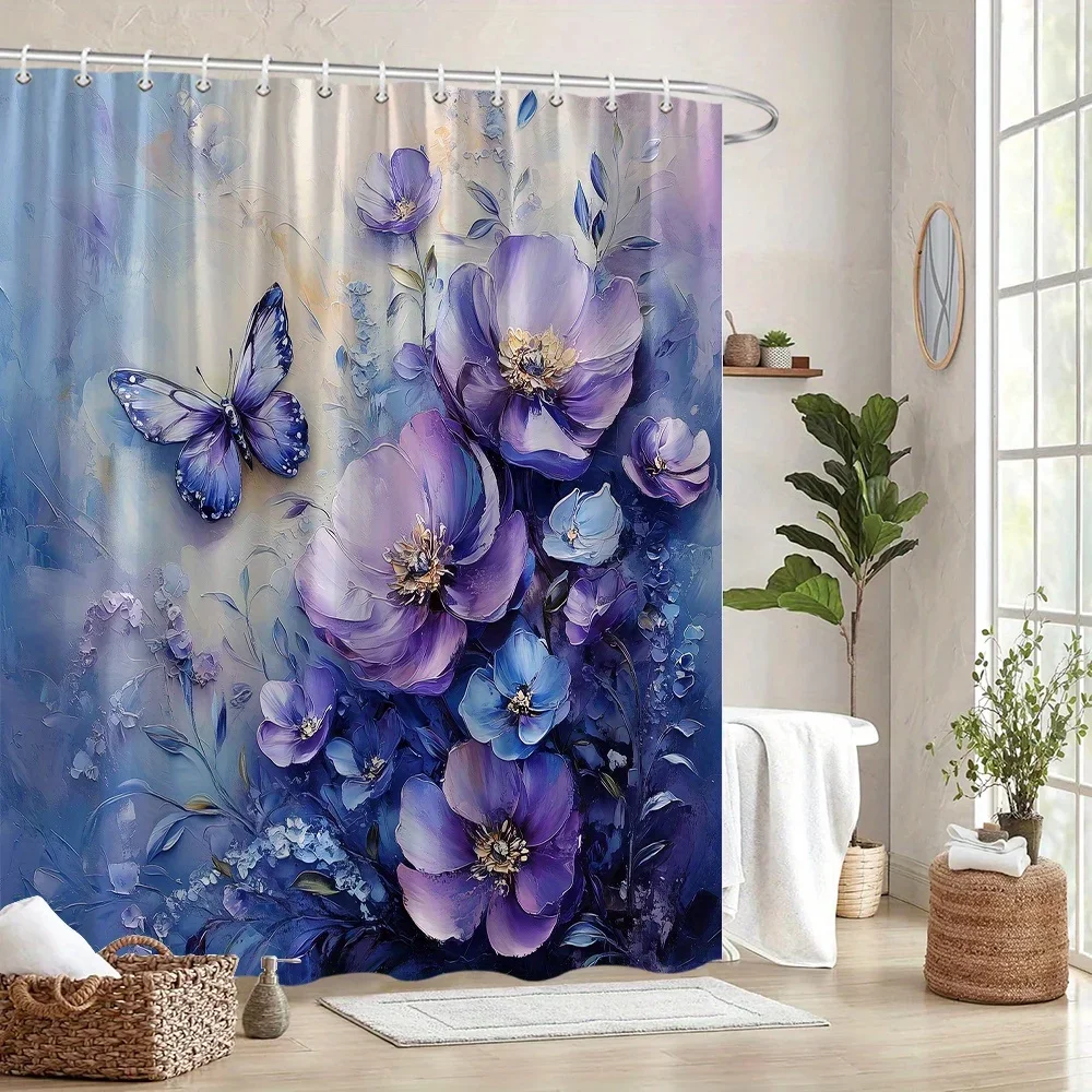 cortina-de-chuveiro-de-borboleta-com-buque-floral-azul-roxo-pintura-digital-sonhadora-flores-e-borboleta-texturizadas-fundo-gradiente-macio