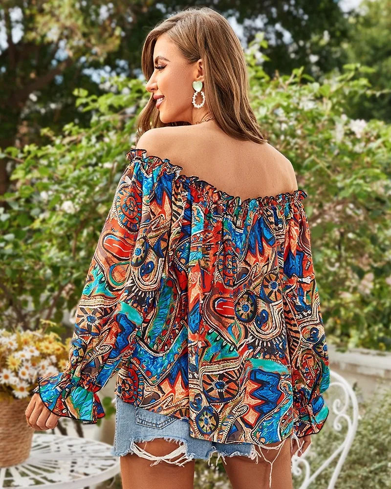 Women Off Shoulder Shirt Blouse Floral Print Casual Long Sleeve Tops T-Shirt V Neck Loose Women Blouse