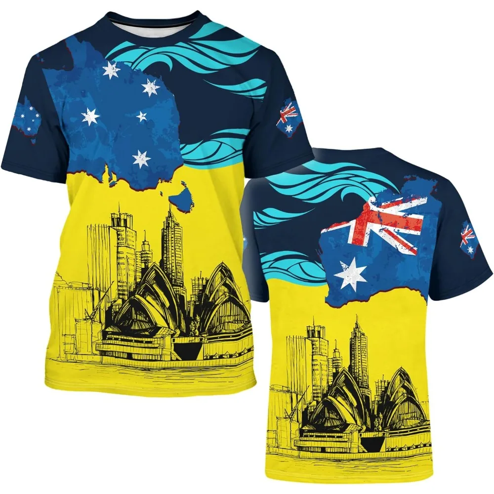 BJU Australian Flag T-Shirt Crewneck Tee 3D Printed Short Sleeve Loose Casual Unisex