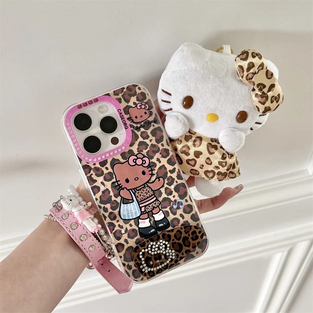 

New Hello Kitty Cute Leopard print with Stand Phone Case Shockproof Cover Funda For iPhone 16 15 14 13 Pro Max INS Korean Luxury