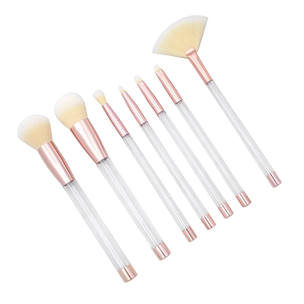 Conjunto de pincéis de maquiagem, 7 peças, cabo de cristal transparente, cerdas de fibra para acabamento natural, uso profissional diário, pincel de pó