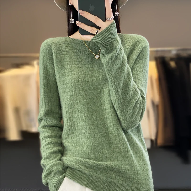 2024 Women Knitted Australian wool sweaters round neck Solid color plane Seamless integrated style High-quality waffle pullover