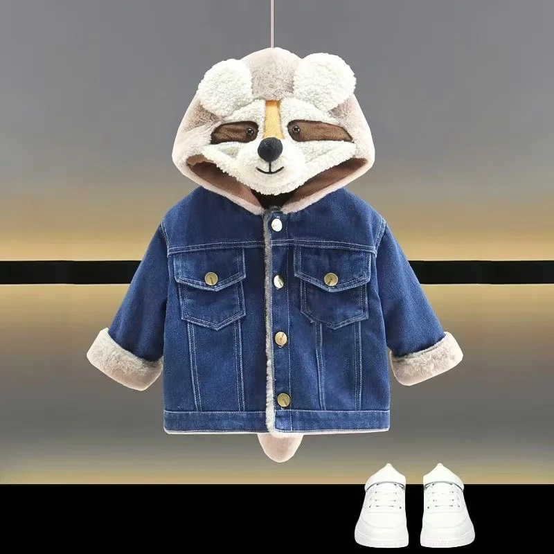 

Boys' Winter Wear with Velvet Denim Coat 2025 New Autumn Baby Raccoon Children's Denim with Velvet Thick Top Jacket Kids