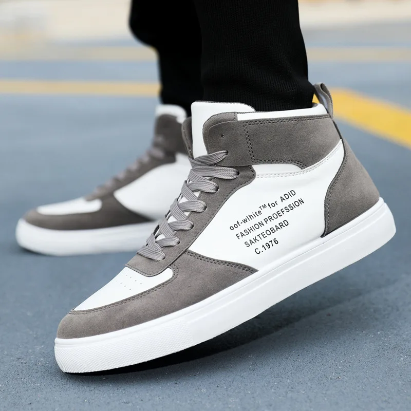 New Spring Men PU Leather High Top Casual Shoes Fashion Four Seasons Boys Students Sneakers Anti-slip Male Board Shoes