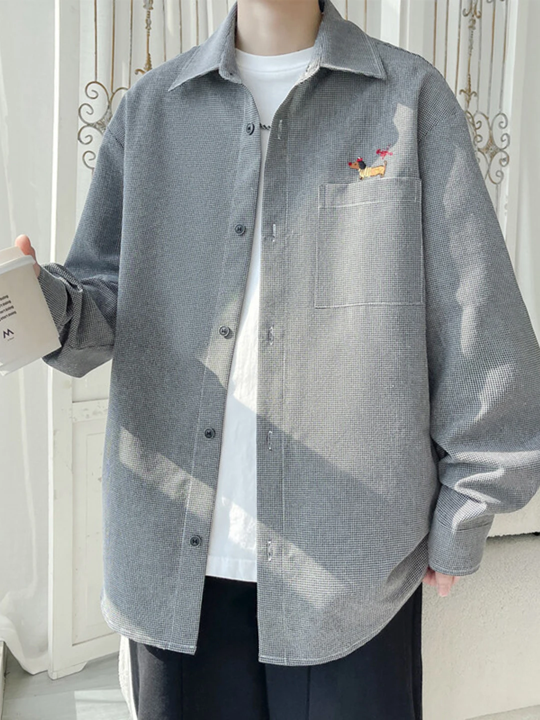 

Cleanfit Hong Kong Style Plaid Shirt Long Sleeve Men's Outerwear Embroidered Black Top Youthful Vitality Autumn New Arrival