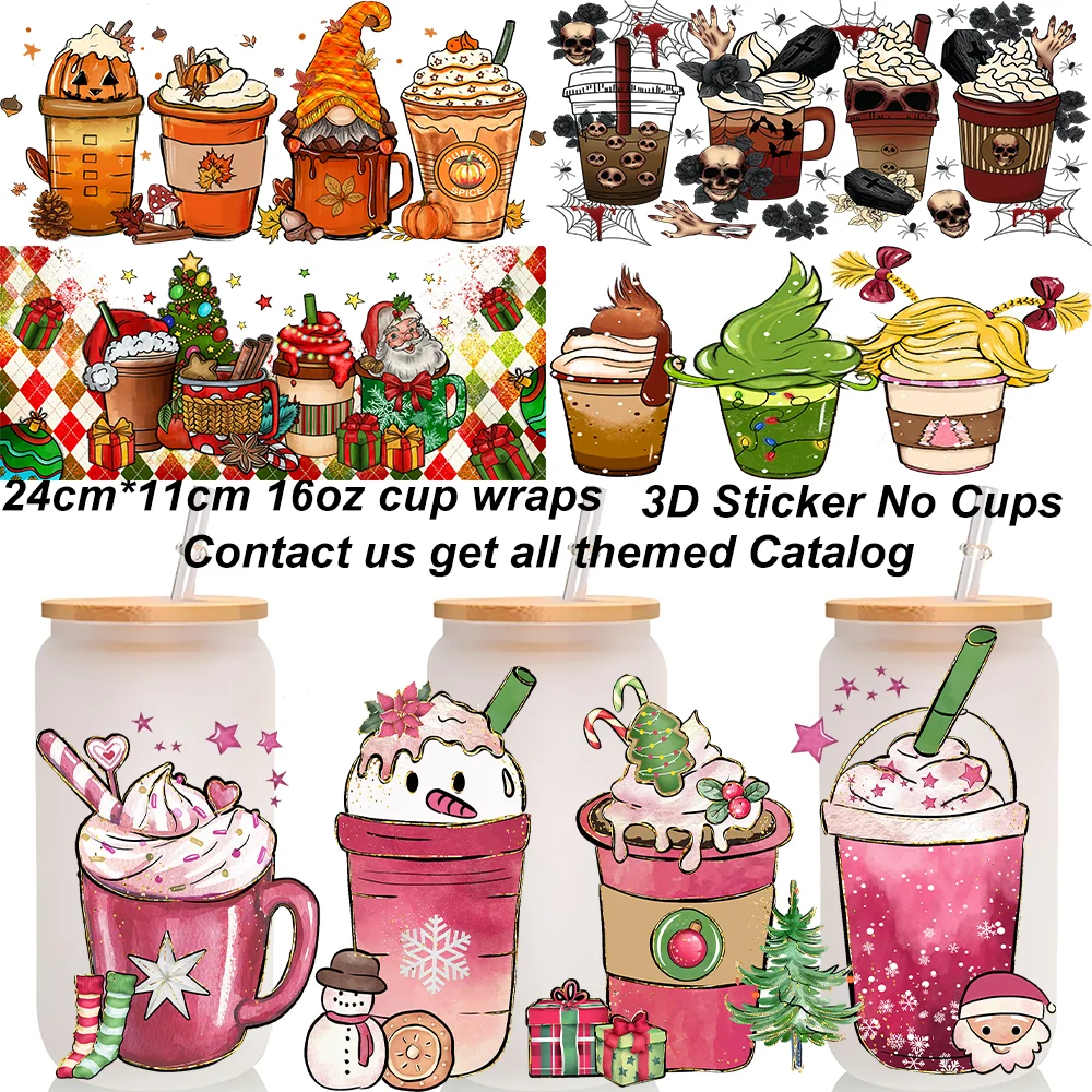 Seasonal Holiday Coffee Cup UV DTF Cup Wraps 16oz Libbey Glass Can Gnome Fall Halloween Tumbler Decals Cold Transfer No Cups