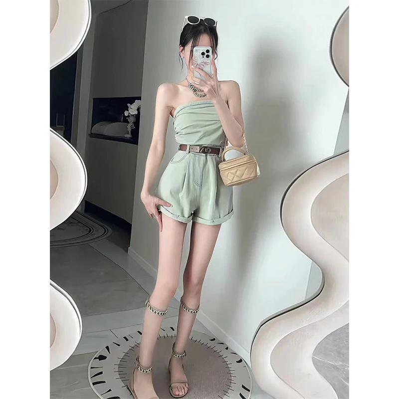 

Pure Desire Spice Girl Strapless Denim Jumpsuit Women 2024 Summer Fashion Chic New Design Sense Niche Waist Wide Leg Pants Trend