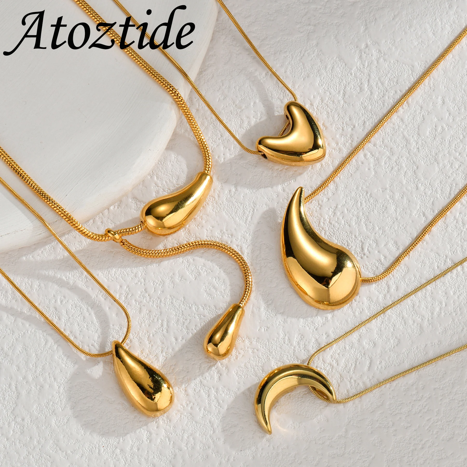 Atoztide New Water Drops Pendant Necklace for Women Gold Color Stainless Steel Clavicle Chain Fashin Moon Birthday Jewelry Gift