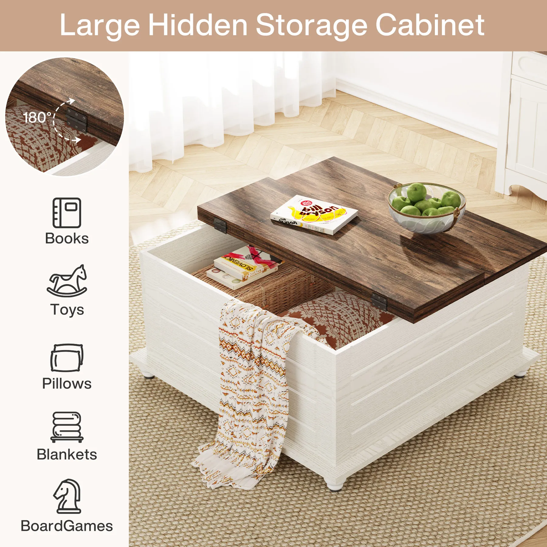 Tribesigns Farmhouse Coffee Table with Storage, Wood Square Coffee Table with Hidden Storage Compartment, Rustic Center Table