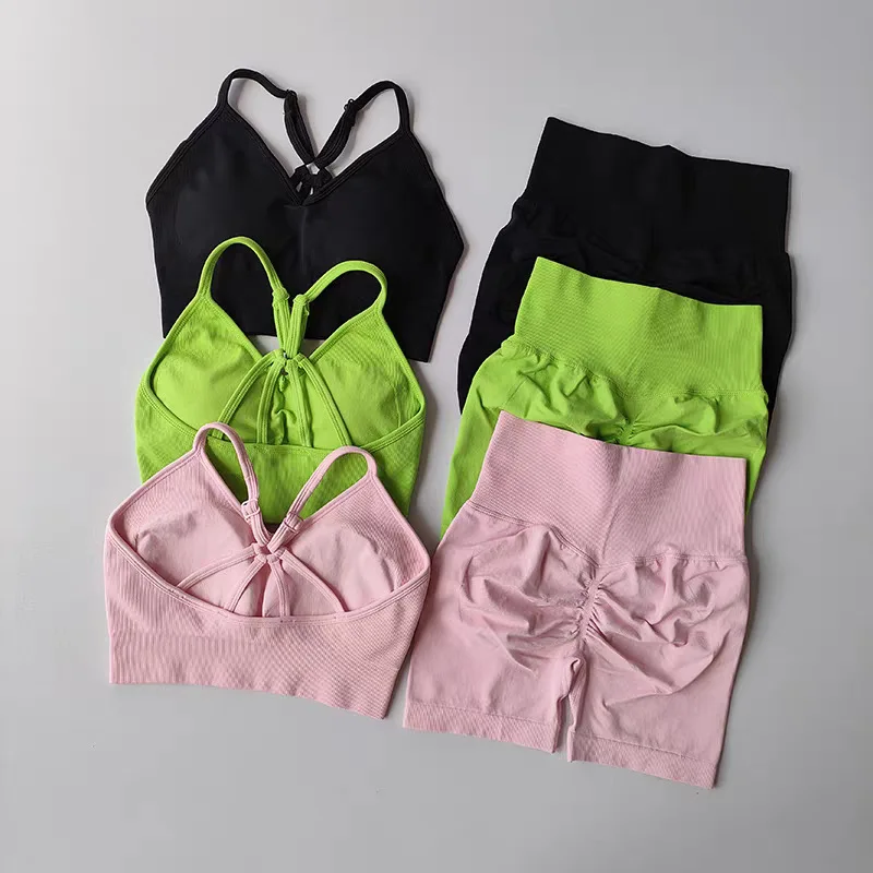 

2025 New Fitness Suit Beautiful Back Bra Yoga Suit Women's Quick Drying Exercise Training Hip Lifting Three Part Shorts Set
