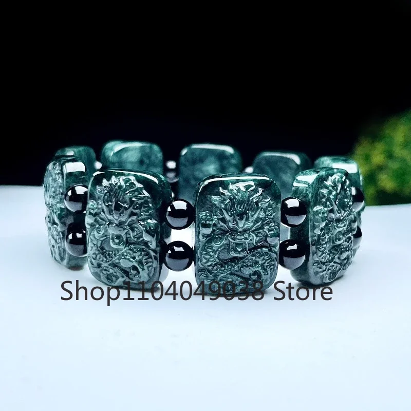 High-grade Natural Jade Kowloon Protector Hand Hand Carved Dark Green Jade Dragon Powerful Men's Bracelet Lucky Amulet