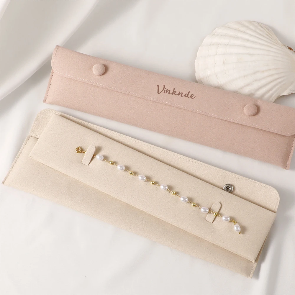 

Customed Logo Baby Pink Snap Microfiber Jewelry Pouches With Insert Pad Birthday Gift Necklaces Bracelets Packaging Storage Bags