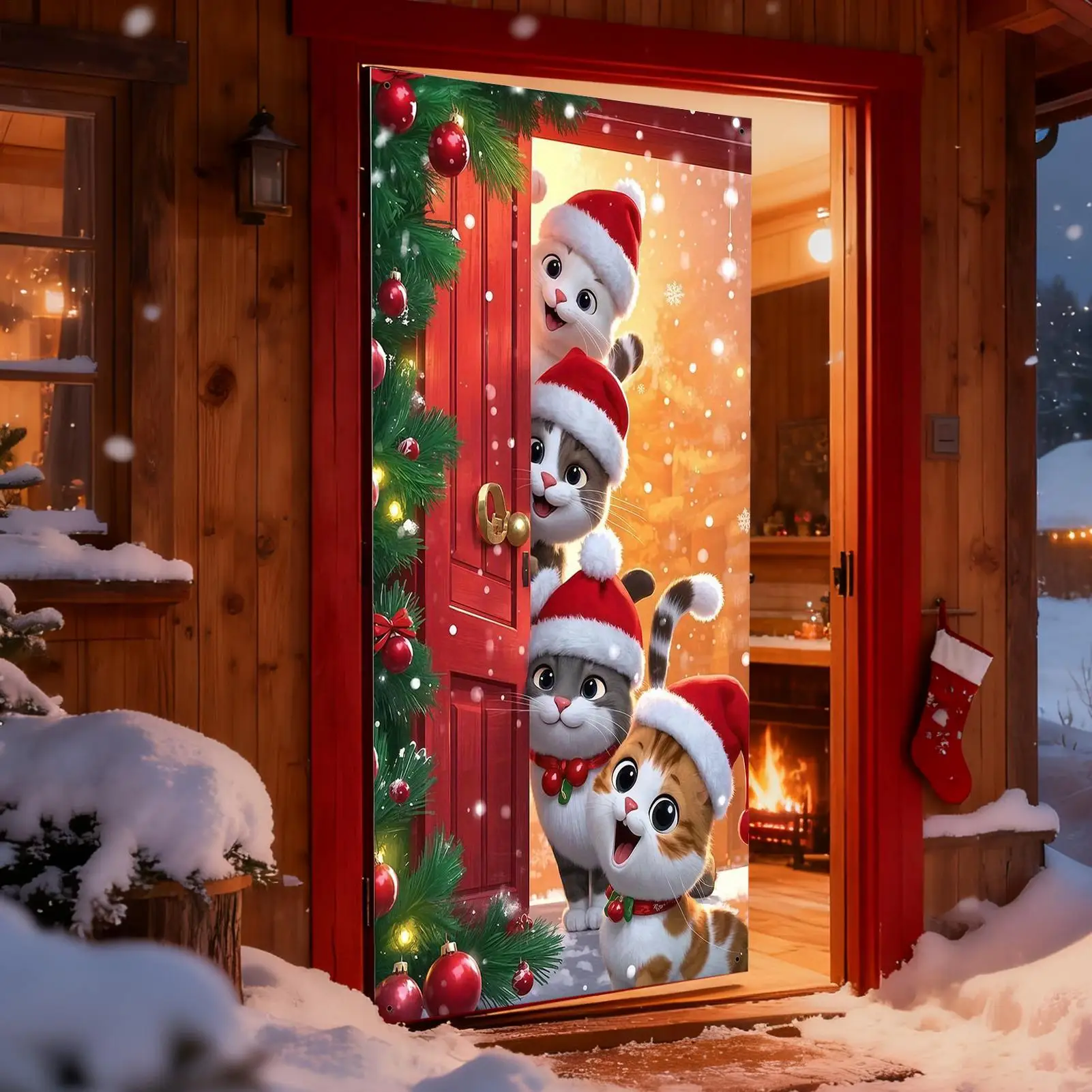 Front Door Christmas Cover Festive Reusable Cute Home Decor Four Cats Christmas Door Banner Holiday Decor For Indoor Outdoor