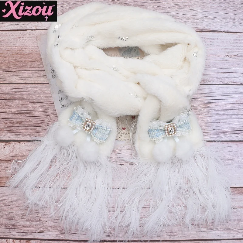 Original Handmade Japanese Mass-produced Sweet Scarf Women's Sequins Snowflake Embroidered Lolita Bow Fluffy Scarf for Women