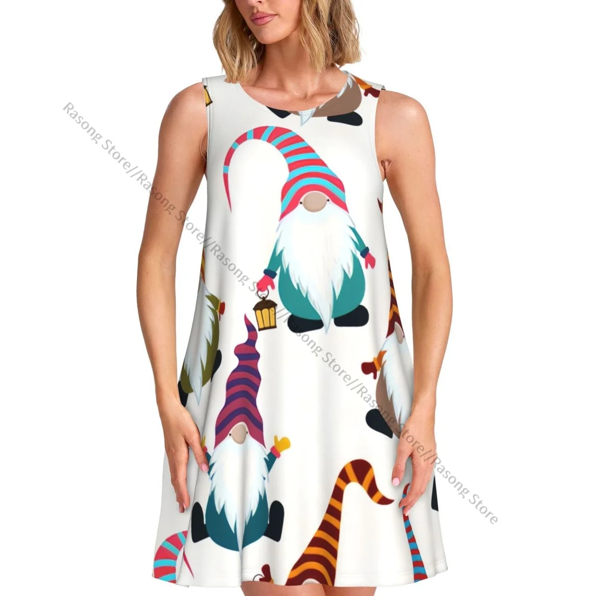 Vestido de mujer, Navidad, divertidos gnomos, Navidad escandinava, cuello redondo, vestido largo sin mangas