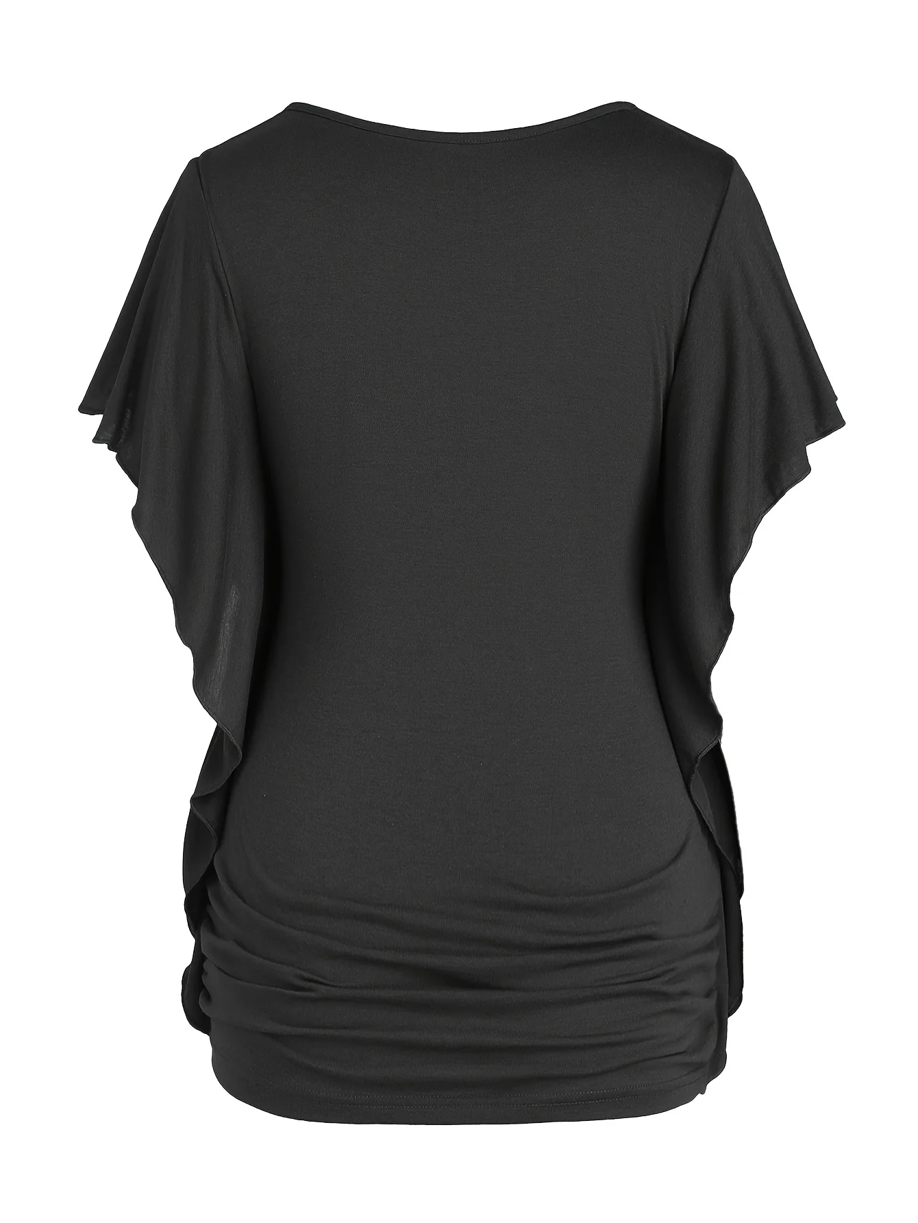 2025, beliebter Stil, großes Damen-T-Shirt mit Schmetterlingsärmeln, Rüschen und Falten, einfarbig, schräge Knopfleiste – Detail 8