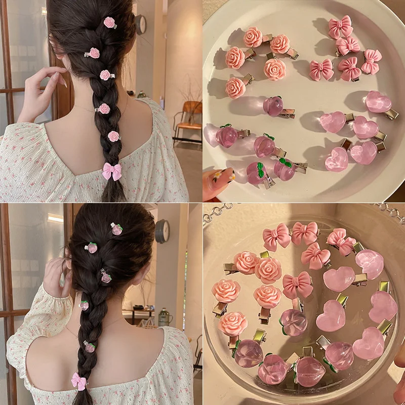 5pcs/Set New Women Girls Cute Pink Hairpins Flower Love Small Size Hair Clips Bow Barrettes Headwear Fashion Hair Accessories