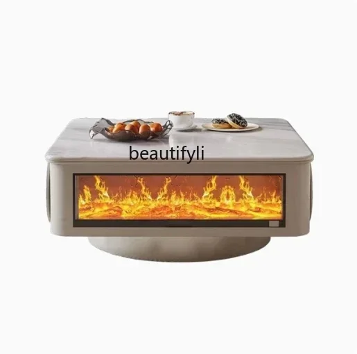 

T New, coffee table cream style square rotating fireplace living room modern simple designer heating table