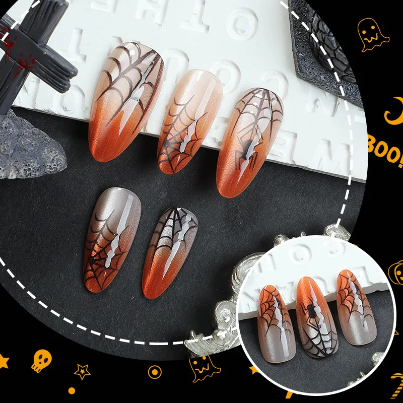1 set arancione sfumato ragnatela design unghie finte Halloween gotico punk punte per unghie finte da donna indossabili stampa di mandorle sulle unghie