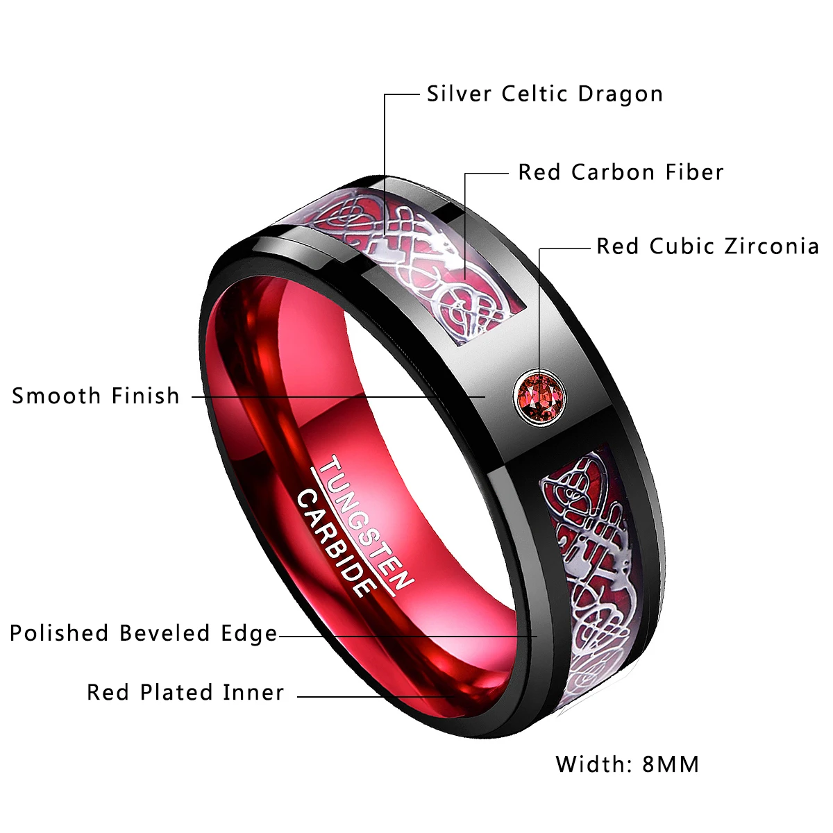 Nuncad Tungsten Carbide Ring 8MM Wide Red Polish Men's Classic Jewelry Wedding Band Ring Tungsten Steel Ring Comfort Fit