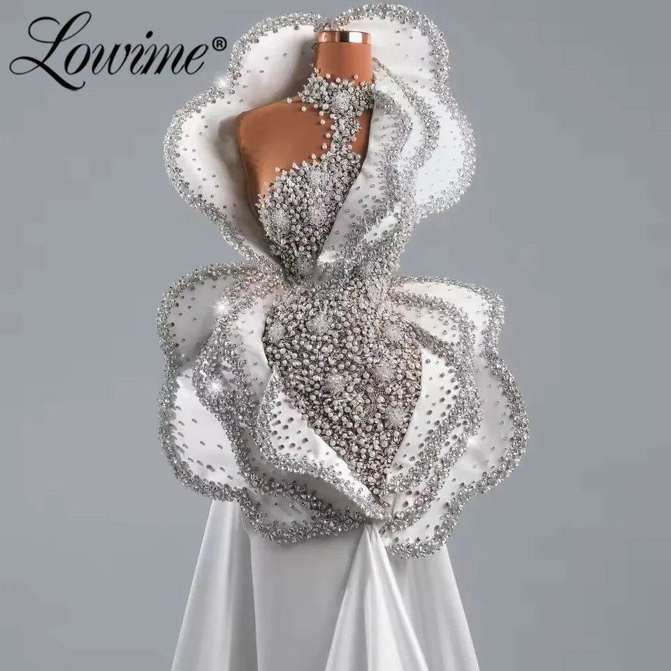 

Gorgeous White Mermaid Prom Dresses Long Full Pearl Crystals Evening Gown With Wrap Arabic Dubai Beaded Party Dress Customized