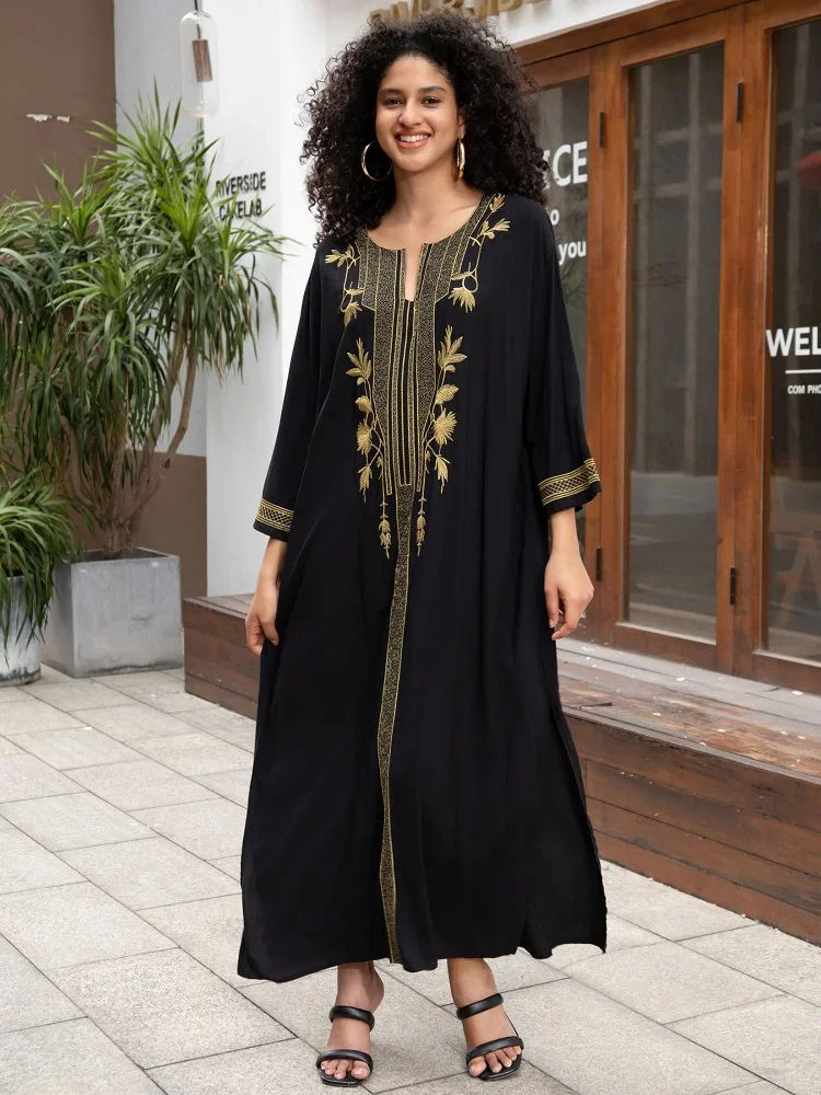 Bohomian Golden Embroidered Women Printed Kaftan House Robe Oversized 2024 Summer Women Beach Wear Lounge Maxi Dresses Q1659