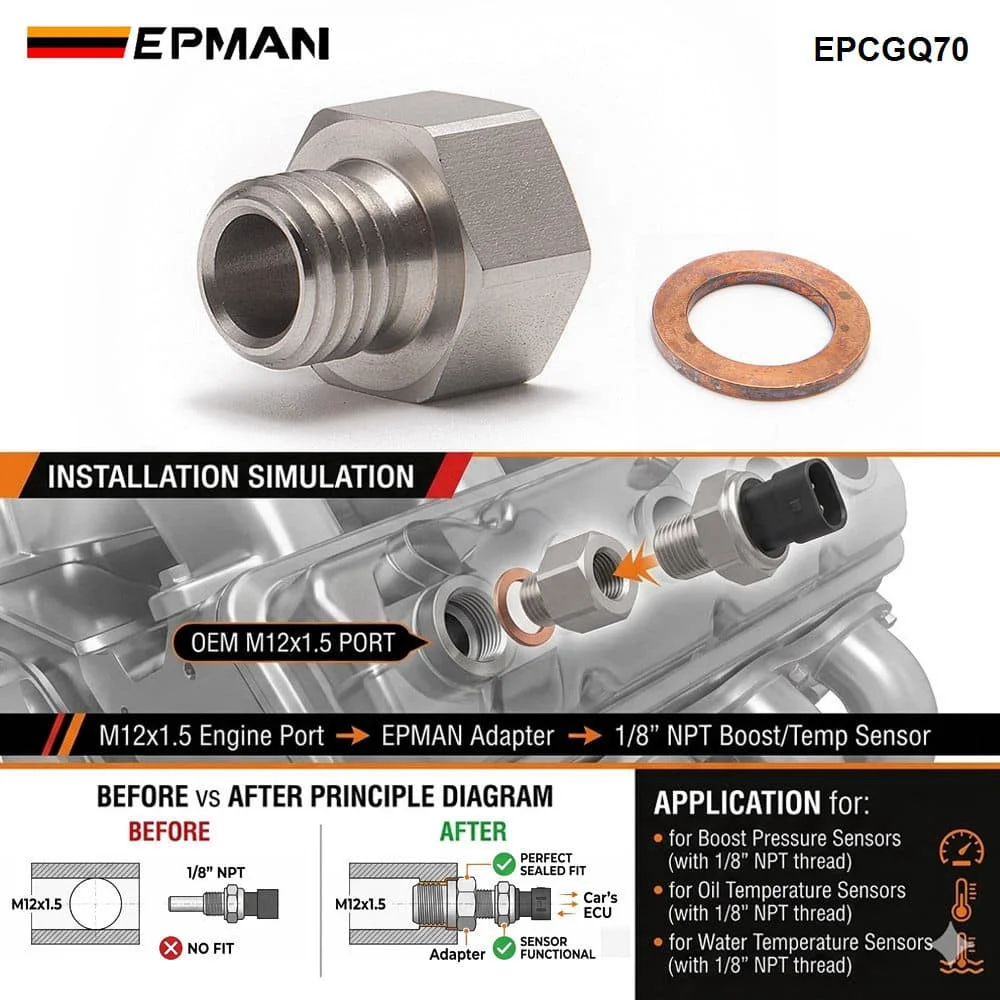 EPMAN Sensor Adapter Oil Water Pressure Temp M12x1.5 Or M16x1.5 Male To 1/8\