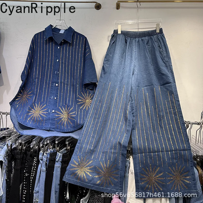 

Новые весенние модные женские джинсовые комплекты с вертикальными горячими бриллиантами, свободные кардиганы с короткими рукавами, топ + эластичная талия, повседневные прямые брюки