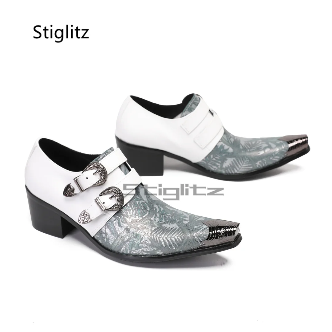 Men's Leaves Prints High Heels White Patchwork Genuine Leather Business Dress Shoes Metal Pointed Toe Double Buckle Male Shoes