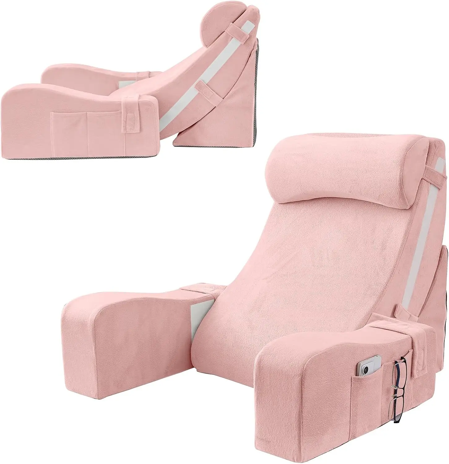 15-25 inch Adjustable Reading Pillow with Armrests, Pink | Back Rest Pillow with Secure Side Straps, Memory Foam Back Support Cu