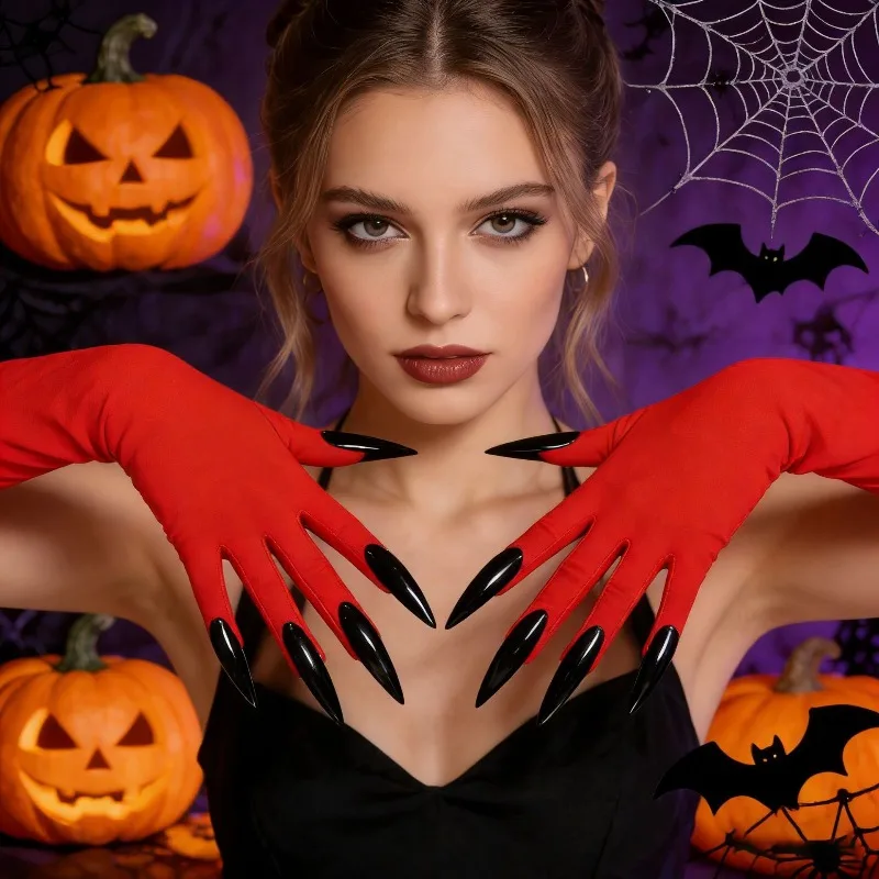 Halloween Y2K Long Claw Nail Gloves Stretch Opera‑Length Full Finger Glove Witch Devil Cosplay Prop Leopard ，Theme Fancy Party