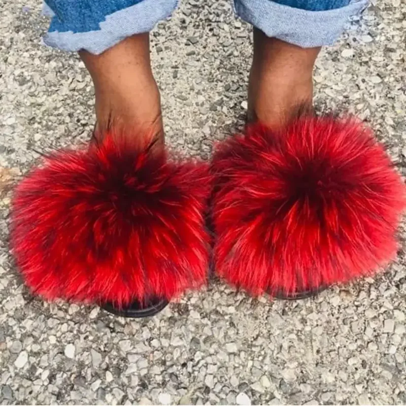 Hot Sale Trend Wholesale Ladies Custom Fur Furry Fluffy Sandals Plush Real Fur Women Fox Slippers Slides Shoes Flip Flops Vendor