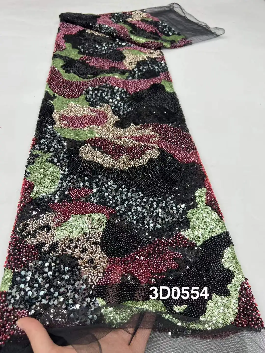 Brown Sequin Beaded Embroidery Lace Fabric Elegant French Net Lace Fabric With Beads Nigerian Sequins Lace Fabrics