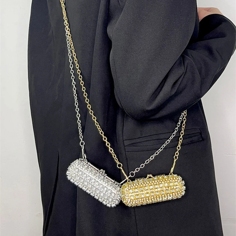 Aliunique Trendy High Quality Metal Lipstick Bags for Women New Chain Single Bag Designer Full Diamond Dinner Bag Cute Satchel