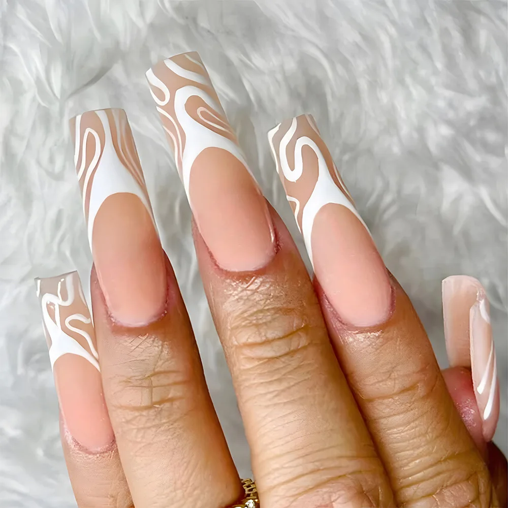 

24Pcs Long Ballet French False Nails with White Irregular Line Design Press on Fake Nails Simple Wearable Full Cover Nails Tips