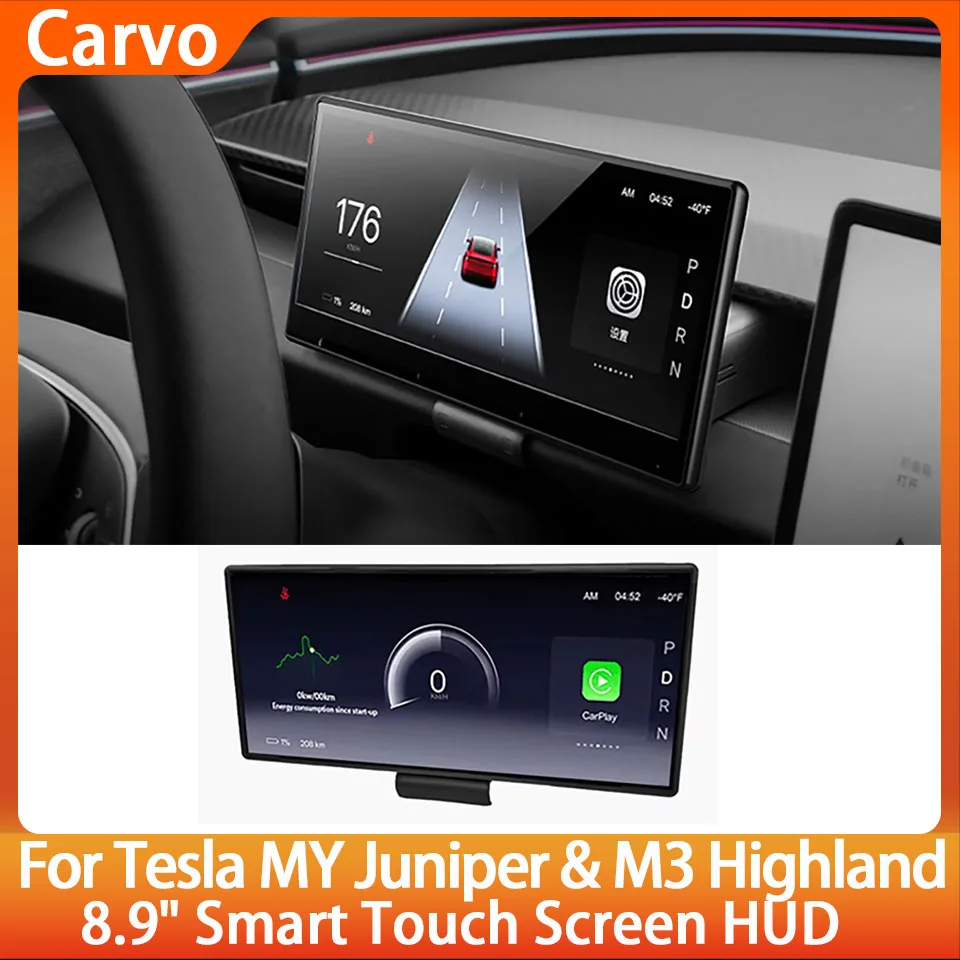 จอแสดงผลแบบ Head-Up Display ขนาด 8.9 นิ้ว ยี่ห้อ CATRONICS สำหรับรถยนต์ Tesla Model Highland 3/Y Juniper ปี 2025 รองรับ Android Auto และ Carplay พร้อมฟังก์ชันอัปเดต OTA ติดตั้งช่องแอร์