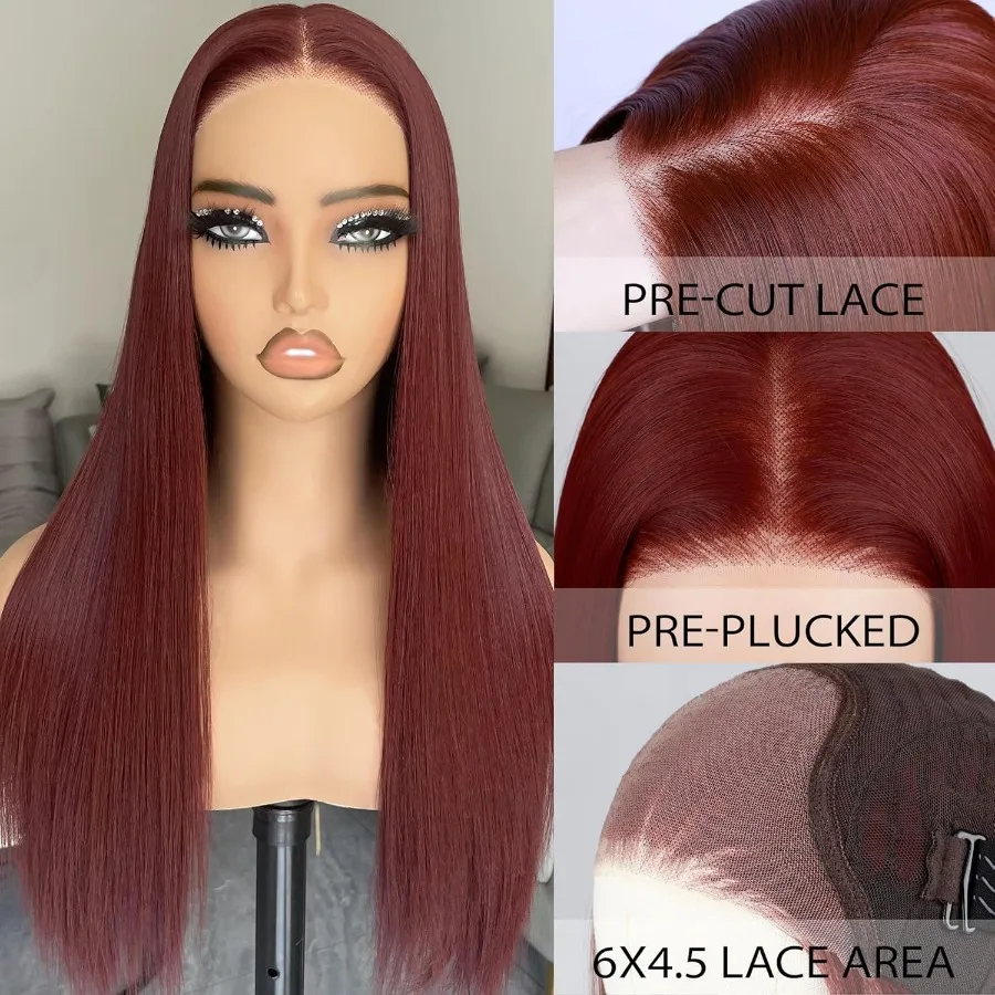 بورجوندي شعر مستعار غلويليس شعر مستعار اصطناعي قبل قطعها قبل قطع 6x4.5 الدانتيل الجبهة الباروكات للمبتدئين 26 بوصة مستقيم سهل الارتداء وضعه على