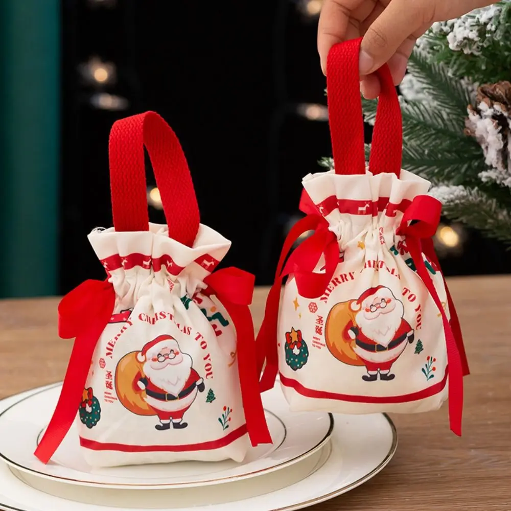 

3Pcs Funny Canvas Christmas Gifts Bags Bowknot Cartoon Fruit Packaging Box Portable Packing Santa Claus Handbag Children Gifts