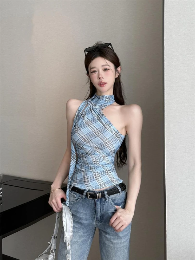 Summer New European American Style Plaid Halter Top Women Sexy Slim Fit Irregular Hem Cami Crop Top Ladies Casual Vest