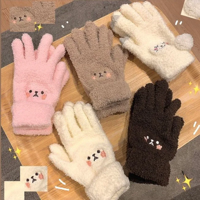 Winter Plush Cute Girl Gloves Warm Finger Gloves Embroidery Blush Bear Wool Mittens Student Cold Outdoor Cycling Gloves