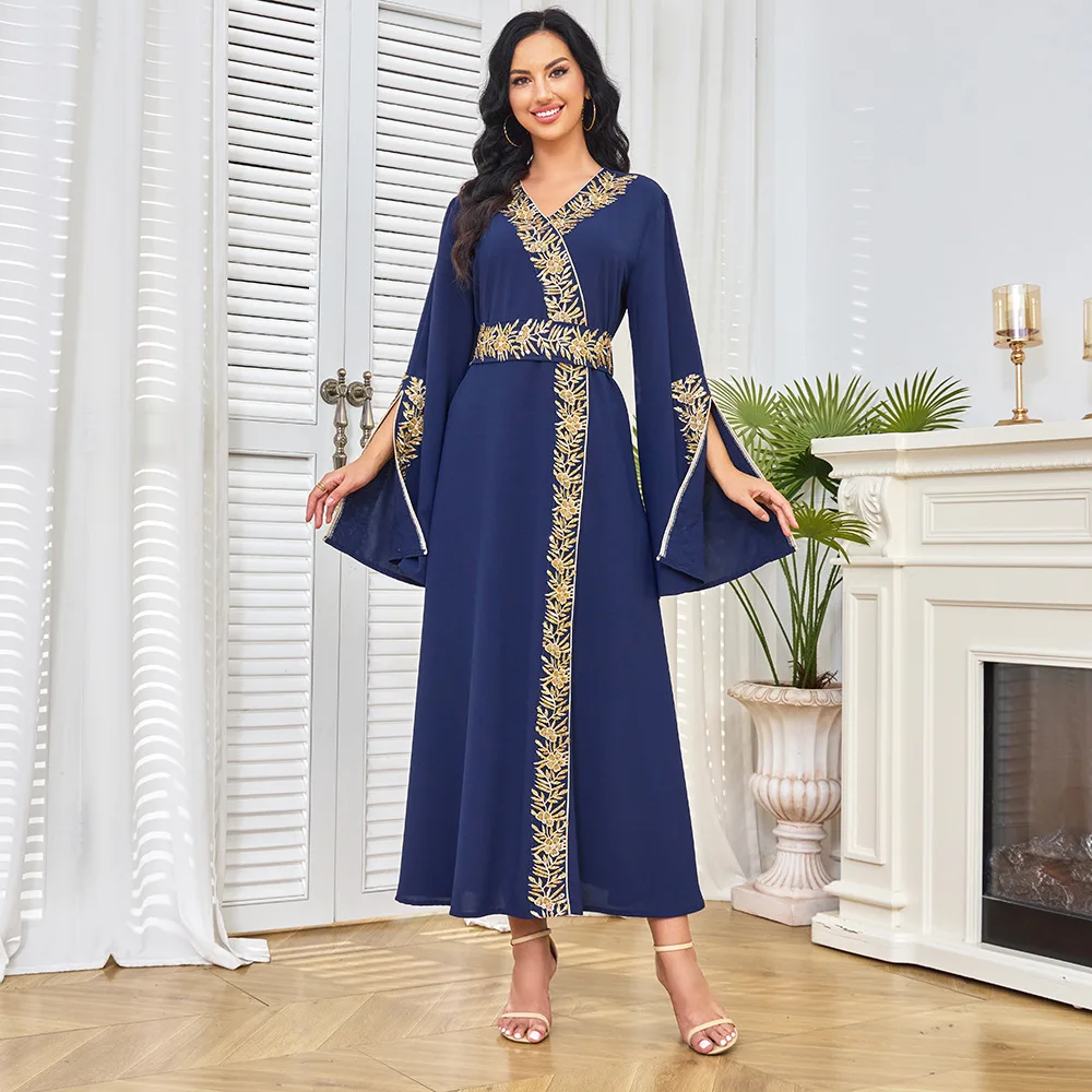 Muslim Robe Long Dress Dubai Robe Beaded Dress Waist Dress 2025 Autumn And Winter New Fashion Women's Clothing