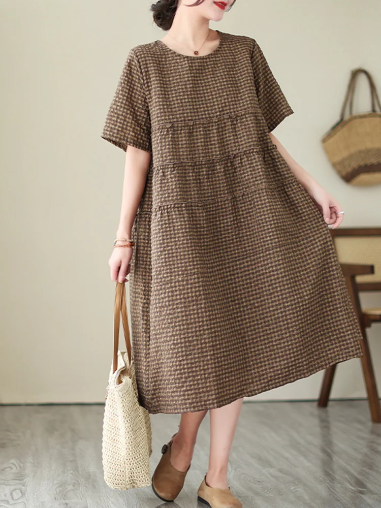 Nuevo 2023 vestido hoado de lino y aodón de talla ande para mujer, falda Midi acampanada a cuadros Vintage, cuello redo...