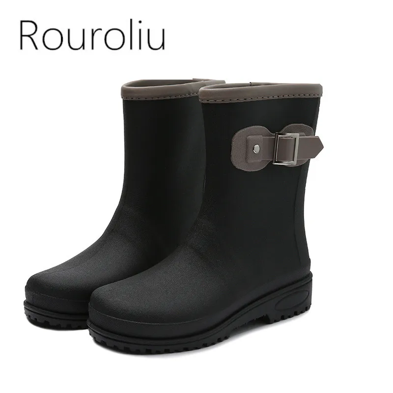 

Men's Rain Boots Mid-Calf Water Boots Outdoor Waterproof Safety Work Shoes Slip-on Black Warm Rain Shoes Buckle Strap